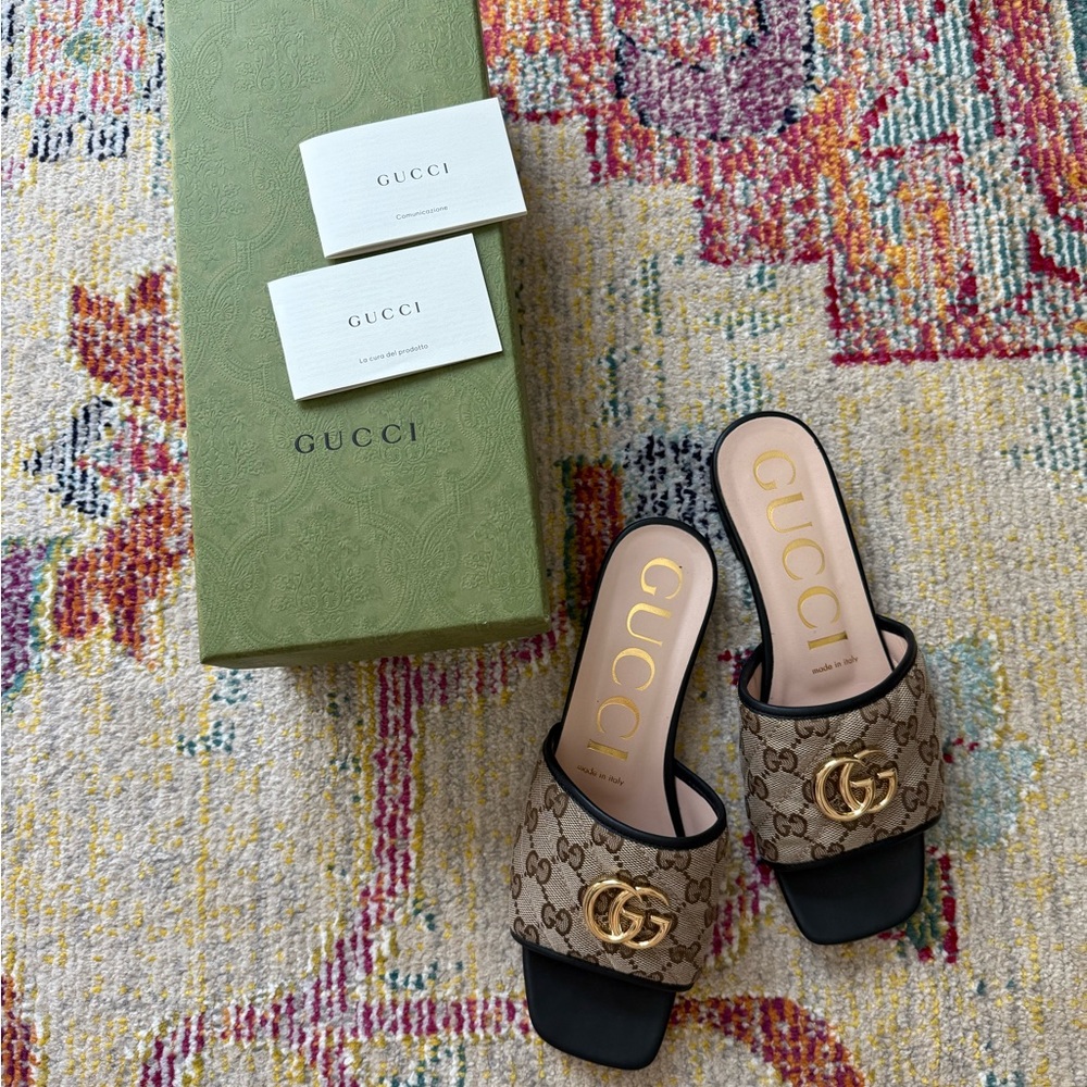 Gucci Women's Tan GG Logo Mules with Gold Accent